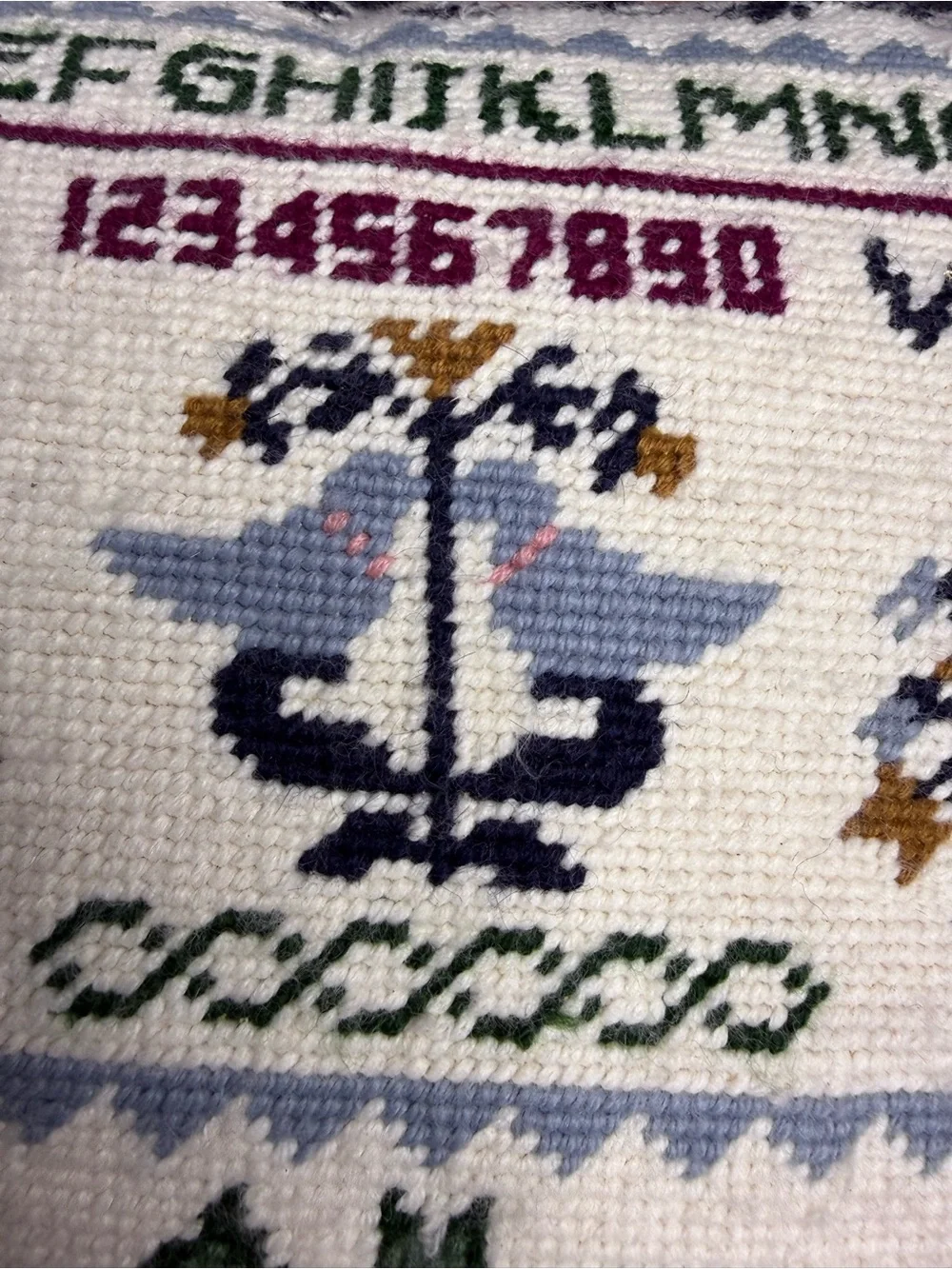 Vintage Needlepoint Pillow 13x13 Blue Birds Alphabet Sampler Velvet Back